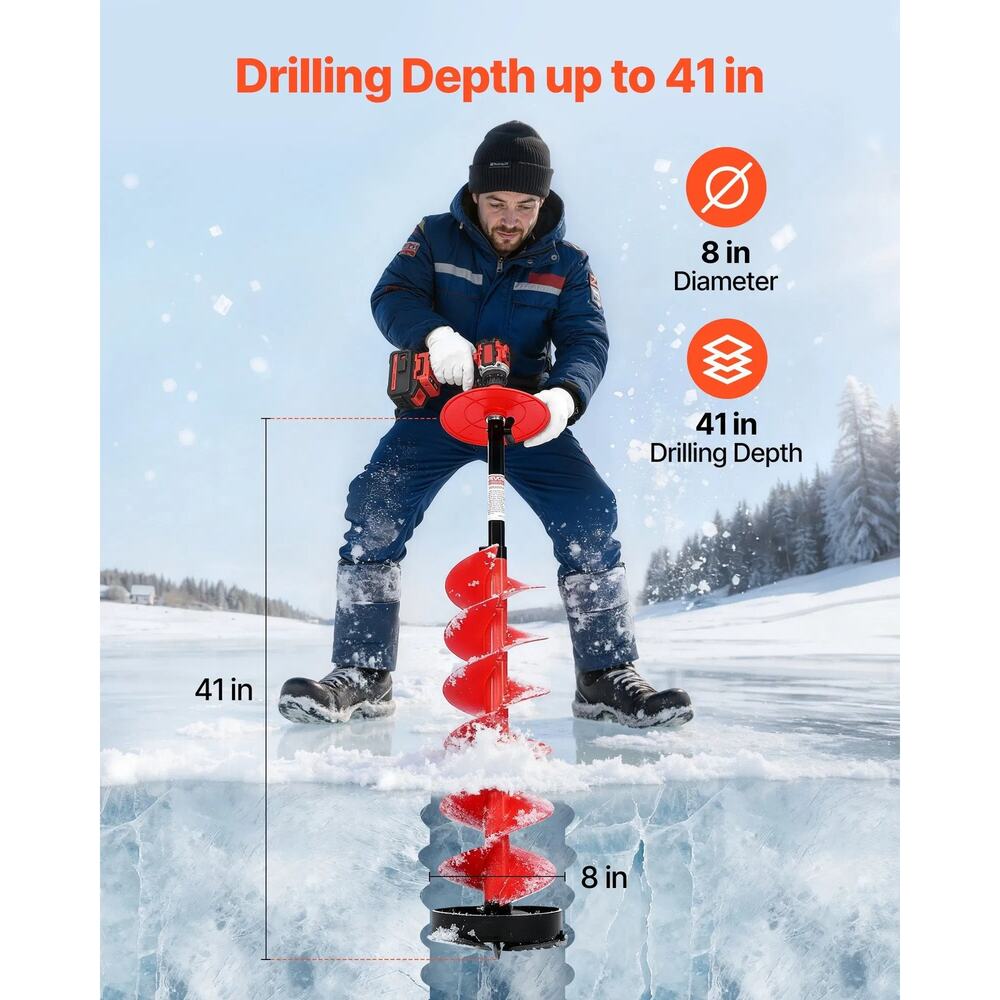 Ice Auger Drill Bit, 8in Diameter 41in Length, Cordless Nylon Ice Fishing Augers